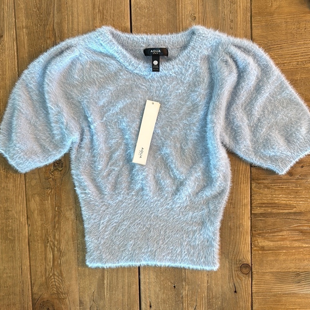 Aqua Blue Crew Neck Top with Puff Sleeves